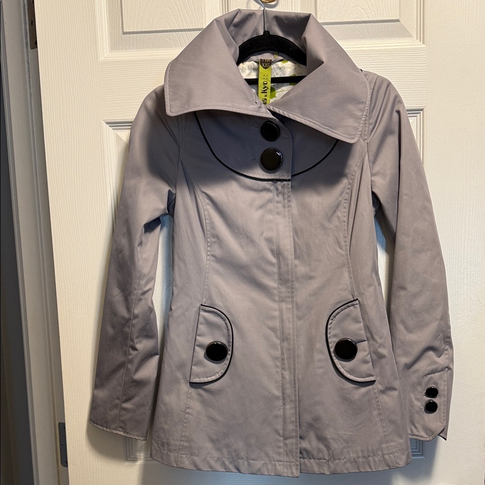 Soia & Kyo Light Gray Trench Coat with Black Button Details